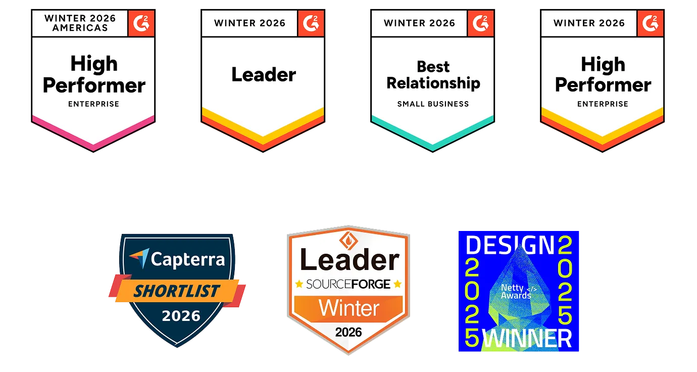 G2, Design Awards, Capterra, and SourceForge award badges