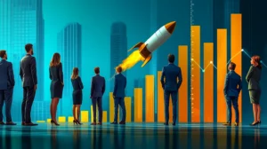 a group of people in business suits are surrounding a rocket representing the price increase