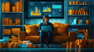 A small business owner sitting on a couch using a laptop