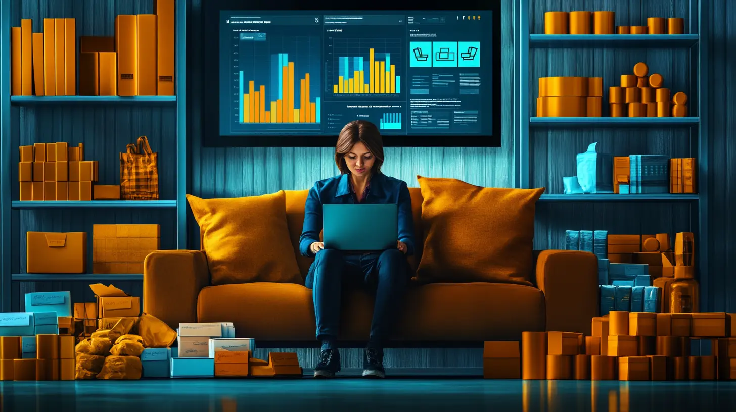 A small business owner sitting on a couch using a laptop