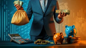 A person in a business suit is standing and holding a bag of money on one hand and cash on the other