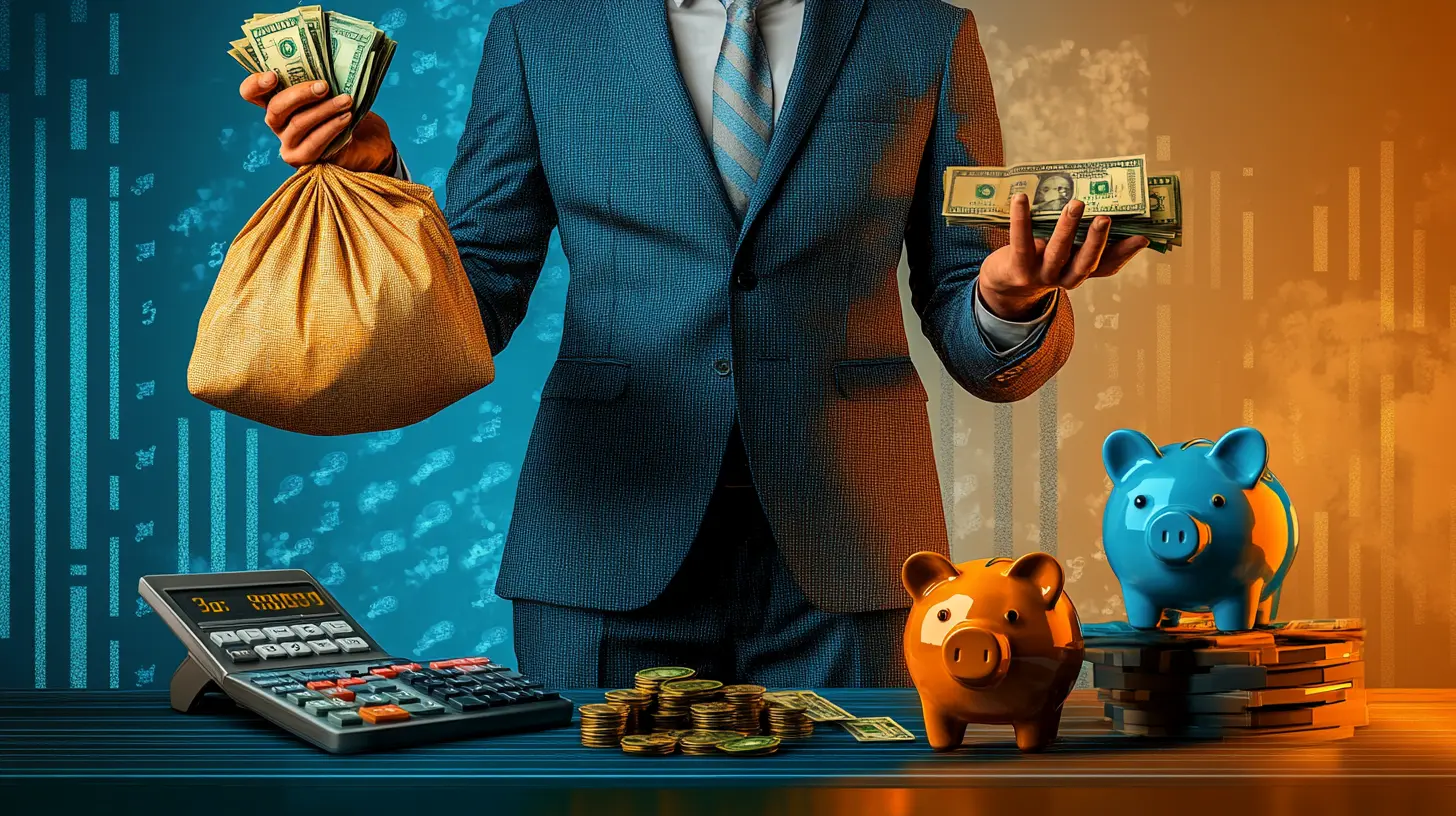 A person in a business suit is standing and holding a bag of money on one hand and cash on the other