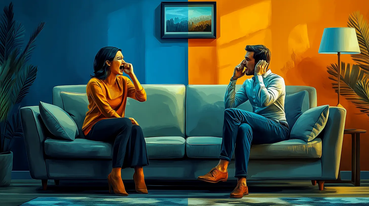 One person is sitting down on a couch and yelling while the other is covering ears