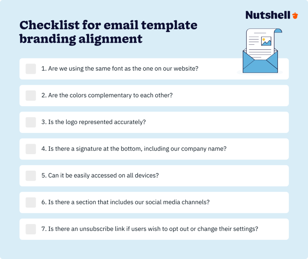 Email branding checklist infographic showing seven essential questions for creating consistent email marketing templates aligned with brand guidelines