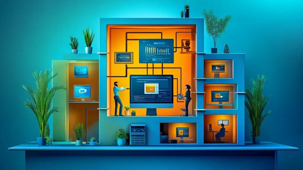 a computer in the center with different computers surrounding and connected to the center