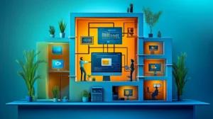 a computer in the center with different computers surrounding and connected to the center