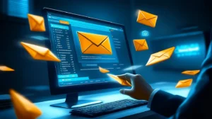 A hand pressing a button on a large email interface displayed on a monitor, a flurry of open envelopes with upward arrows flying out of the screen towards diverse customer icons