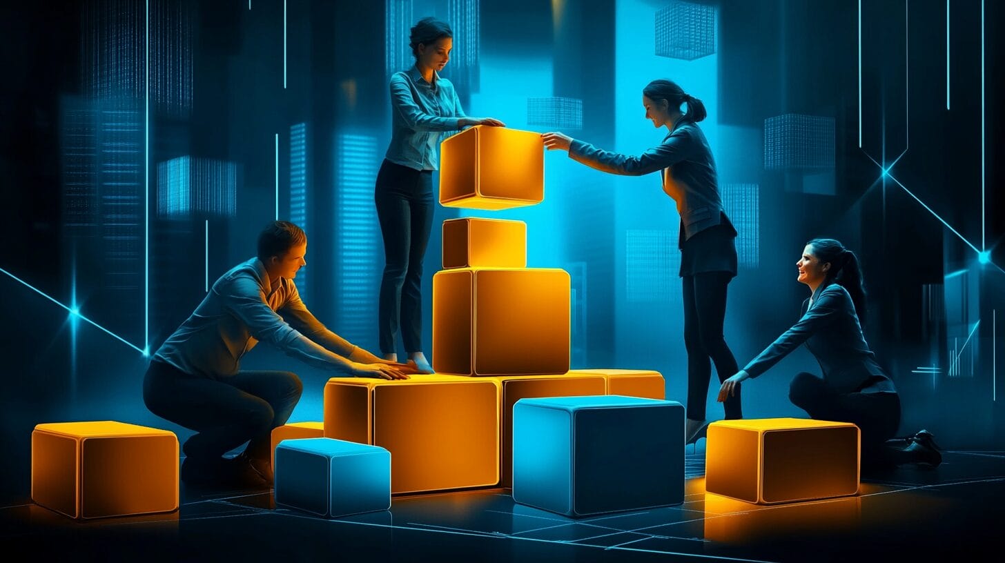 Three team members collaboratively stacking seven colorful blocks together, representing the seven branding principles and cross-functional teamwork required to build a strong brand