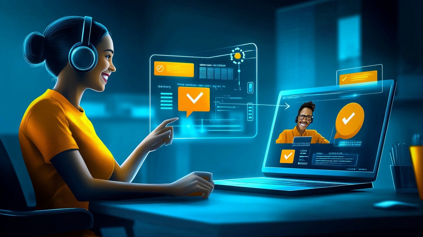 A sales representative wearing a headset and smiling while gesturing towards a laptop, connected by speech bubbles to a happy customer on another laptop