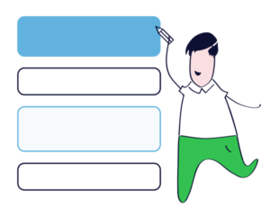 eine Cartoon-Illustration einer Person mit Blöcken, die den Verkaufsprozess darstellen