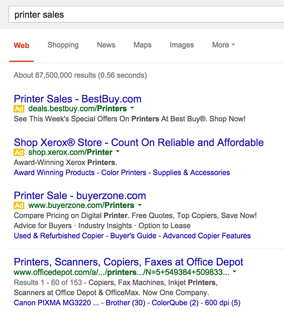 a Google search for printer sales shows ads for bestbuy.com and buyerzone.com