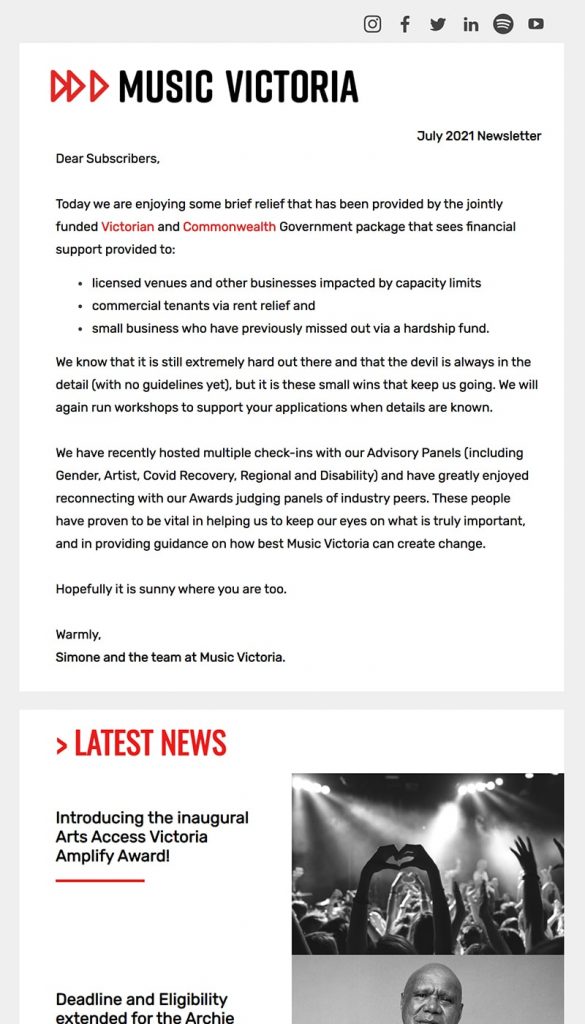 a july 2021 newsletter from music victoria