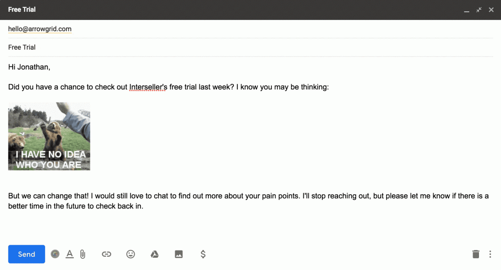 An example of a cold B2B sales email with a gif
