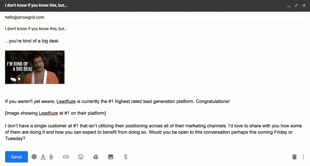 A B2B cold email that says you're kind of a big deal
