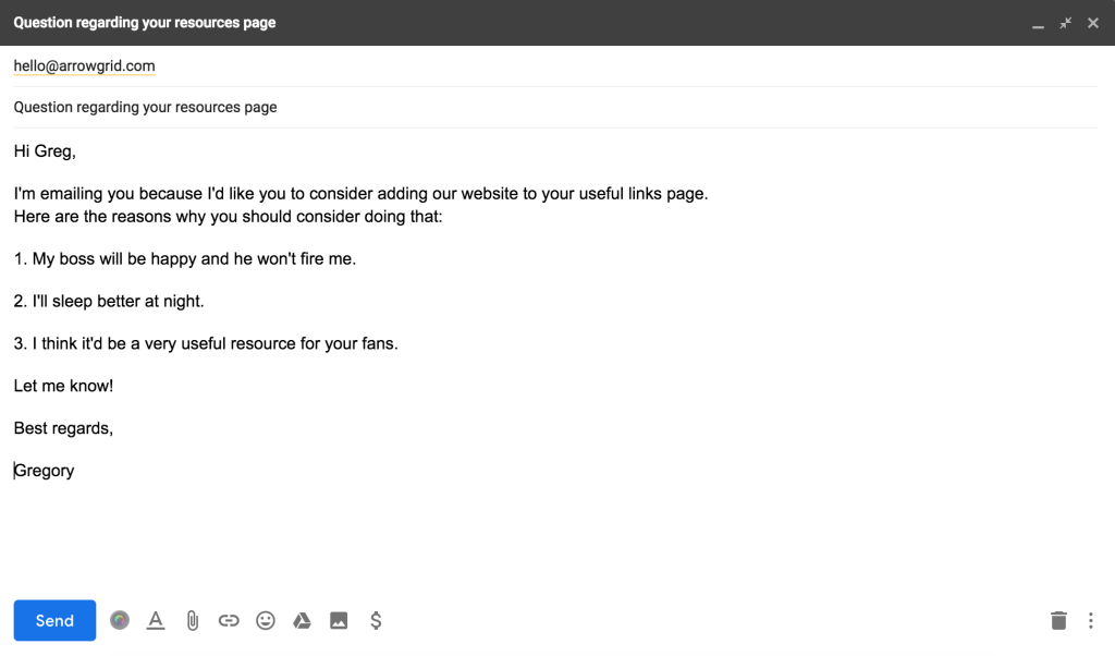 An example of a B2B cold email about link building