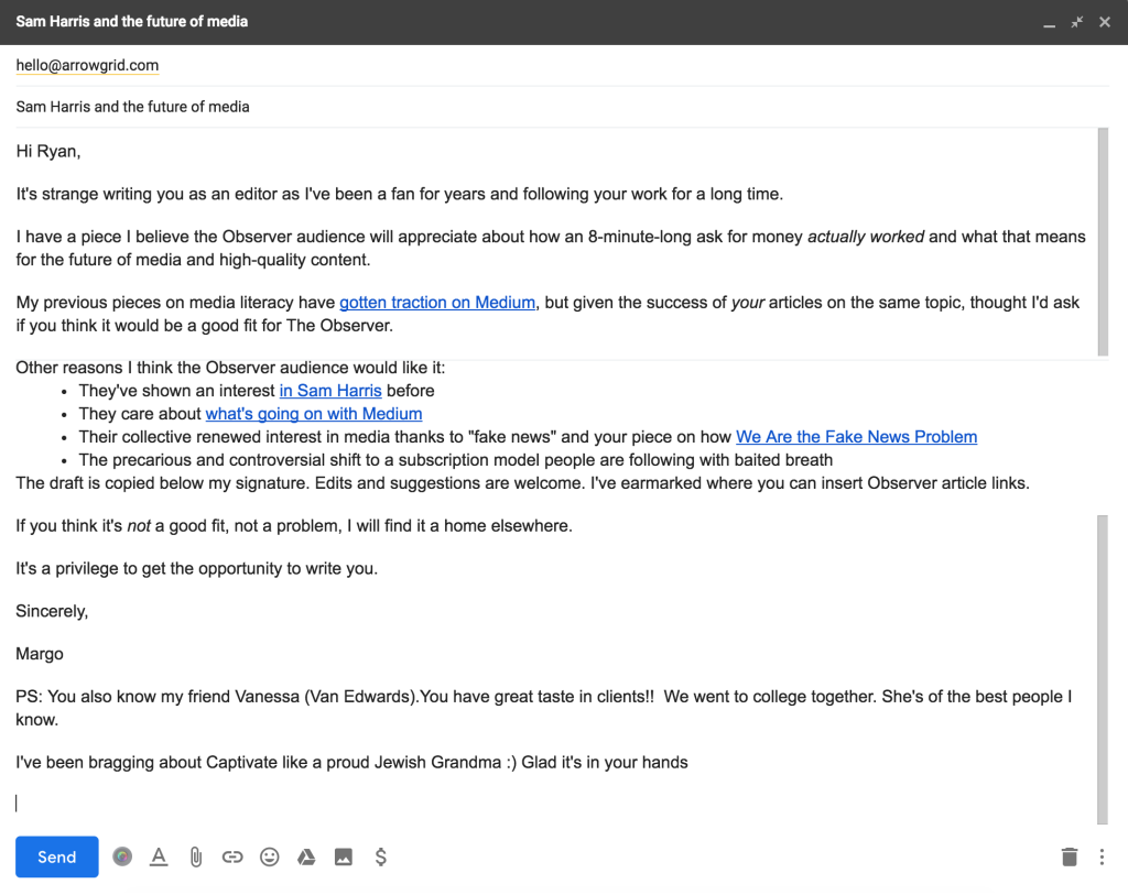 A B2B cold email about a perfectly matched article pitch
