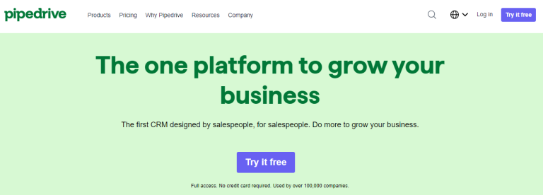 Pipedrive landing page with the words the one platform to grow your business