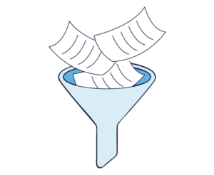 eine Cartoon-Illustration eines blauen Trichters, in den drei Papiere einfließen