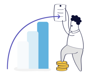 eine Cartoon-Illustration einer Person, die auf Münzen tritt und ein Blatt Papier mit einem Balkendiagramm in der Hand hält