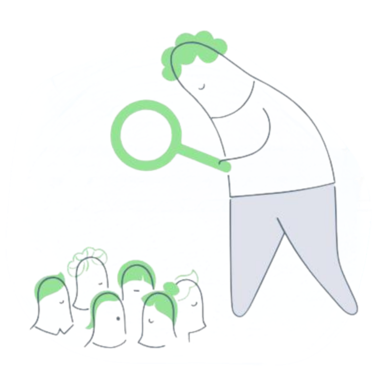 person with a magnifying glass looking down on other people