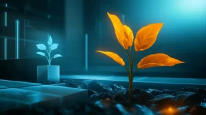 Two glowing plants in a futuristic teal environment—one small cyan plant in a geometric pot on the left, one larger golden-orange plant on the right—representing business growth and CRM development with neon light effects.