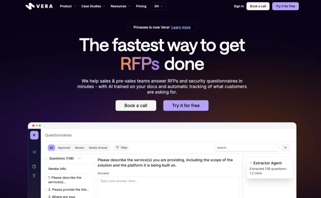 The homepage of Vera, a proposal management software tool