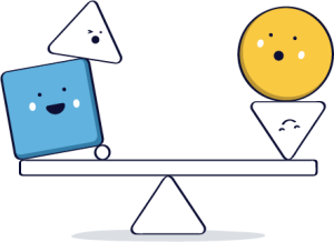 A blue cube and a yellow circle are on a scale
