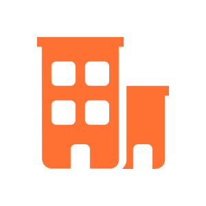 An orange icon of a building with Square windows