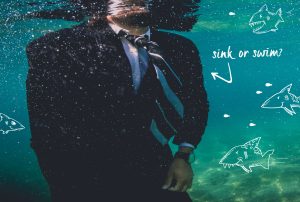 a person in a suit and tie is underwater with the words sink or swim below them