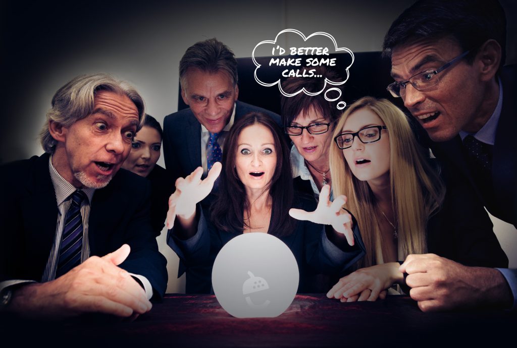 a group of people looking at a crystal ball that says i'd better make some calls