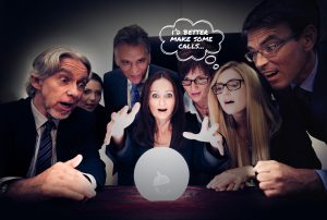 a group of people looking at a crystal ball that says i'd better make some calls