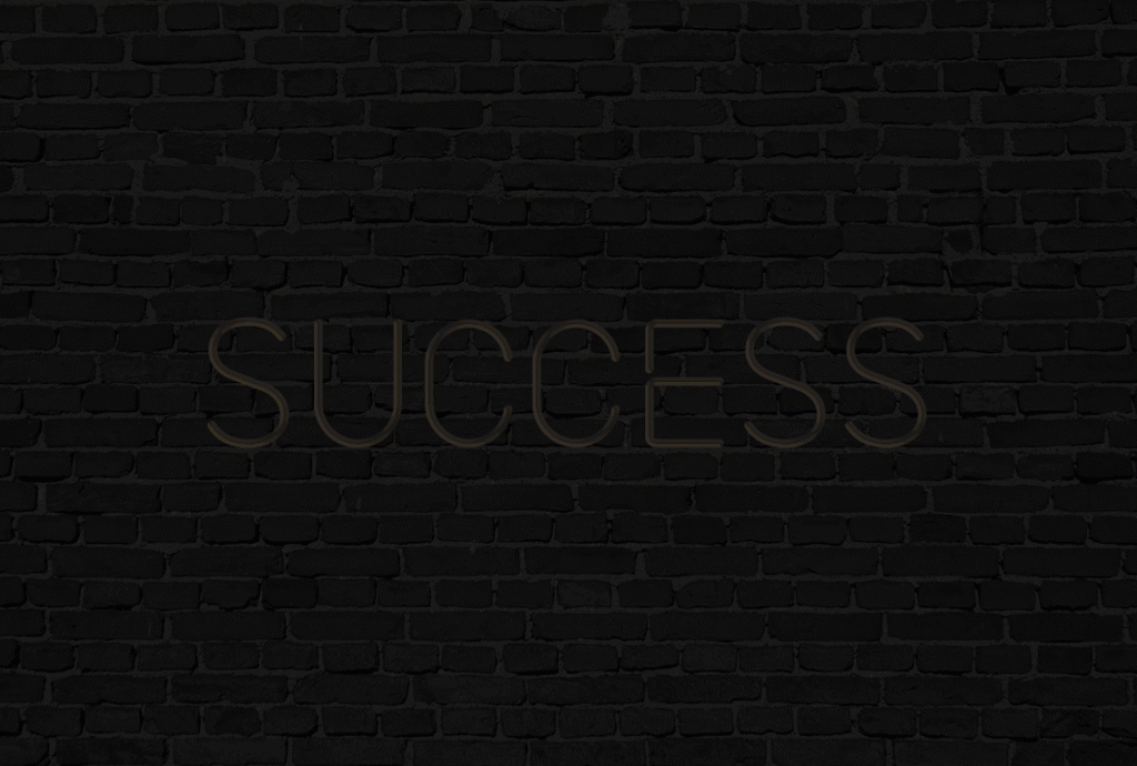 a black brick wall with the word success written in luminous lights on it