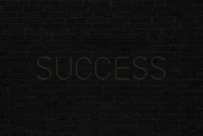 a black brick wall with the word success written in luminous lights on it
