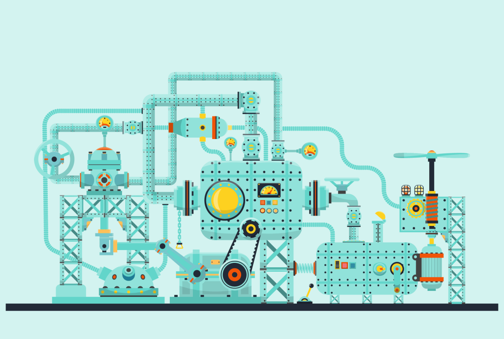 a cartoon illustration of a machine with a blue background