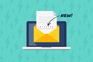 an envelope with a piece of paper sticking out of it and the words new below it