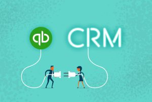 an illustration of a man and a woman plugging in a plug with the word CRM behind them