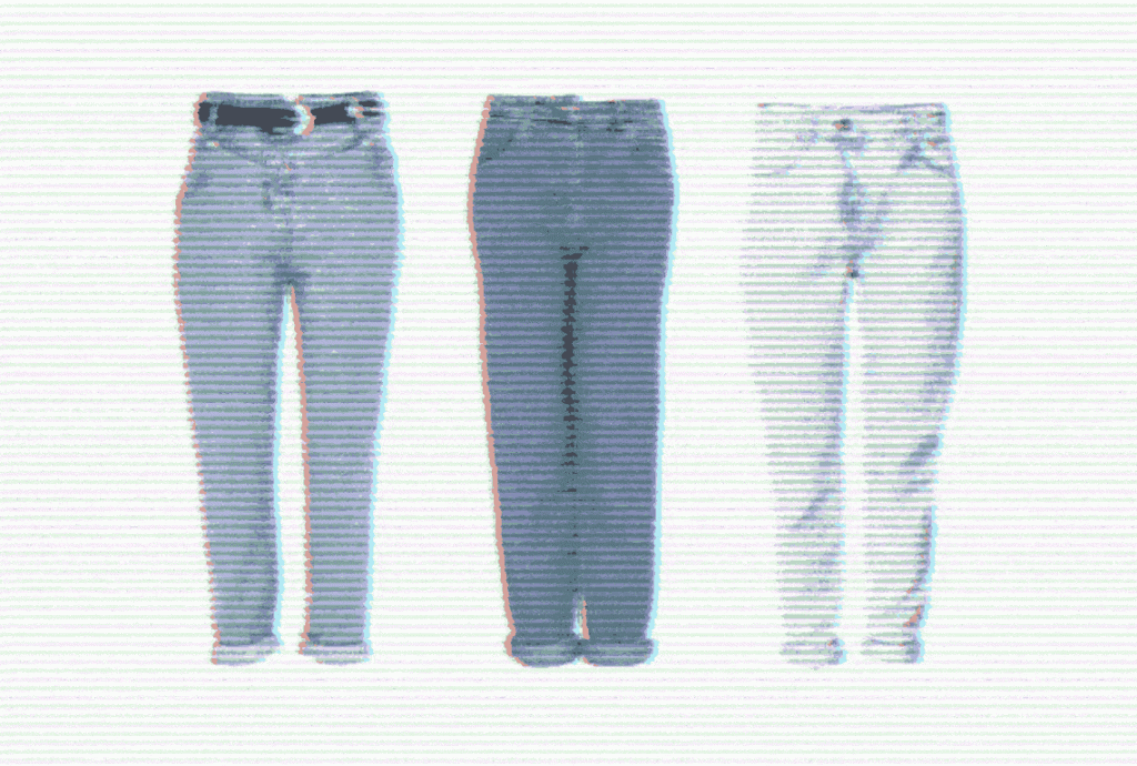 three different shades of blue jeans on a white background