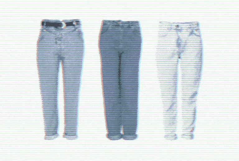 three different shades of blue jeans on a white background