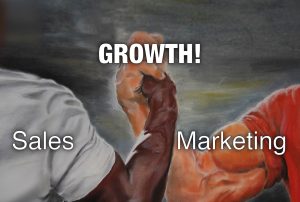 a painting of two men giving each other a fist bump with the words sales and marketing below them
