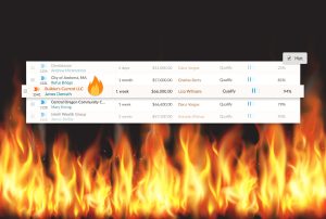 a screenshot of a web page with a fire behind it and a list of hot leads in Nutshell in the foreground