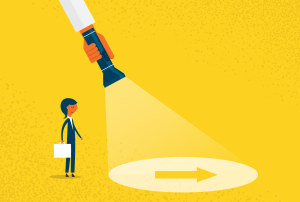 an illustration of a person looking at an arrow held by a flashlight