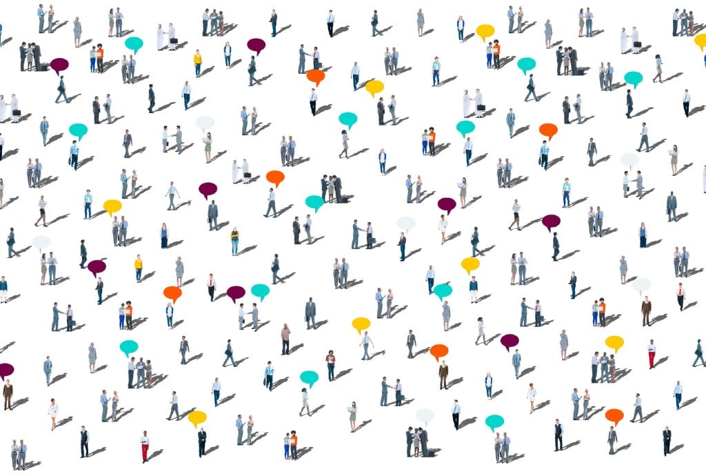 a large group of people with speech bubbles on their heads