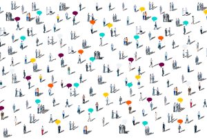 a large group of people with speech bubbles on their heads