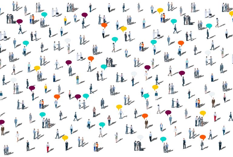 a large group of people with speech bubbles on their heads