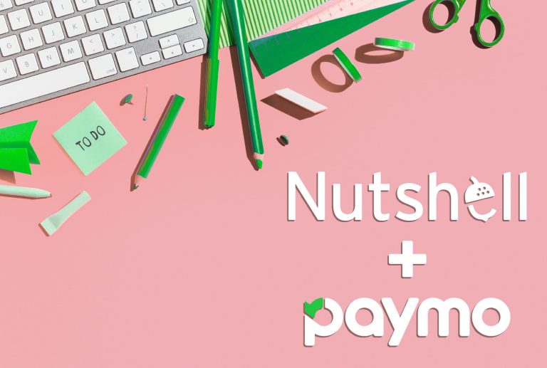 a pink background with the words Nutshell and paymo on it