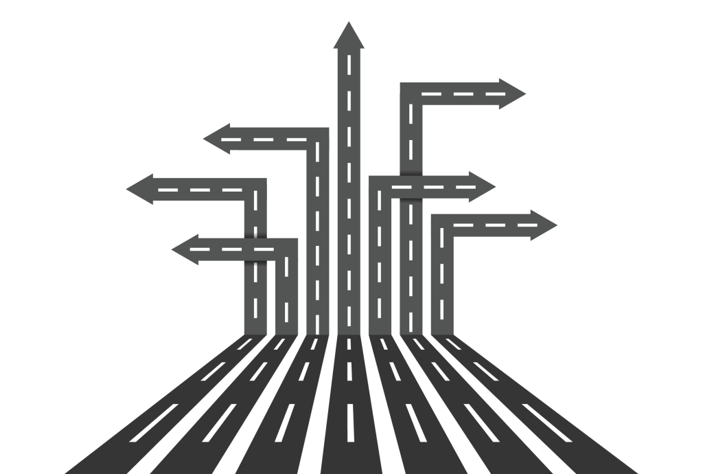 a drawing of a road with arrows pointing in different directions
