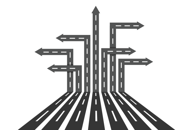 a drawing of a road with arrows pointing in different directions