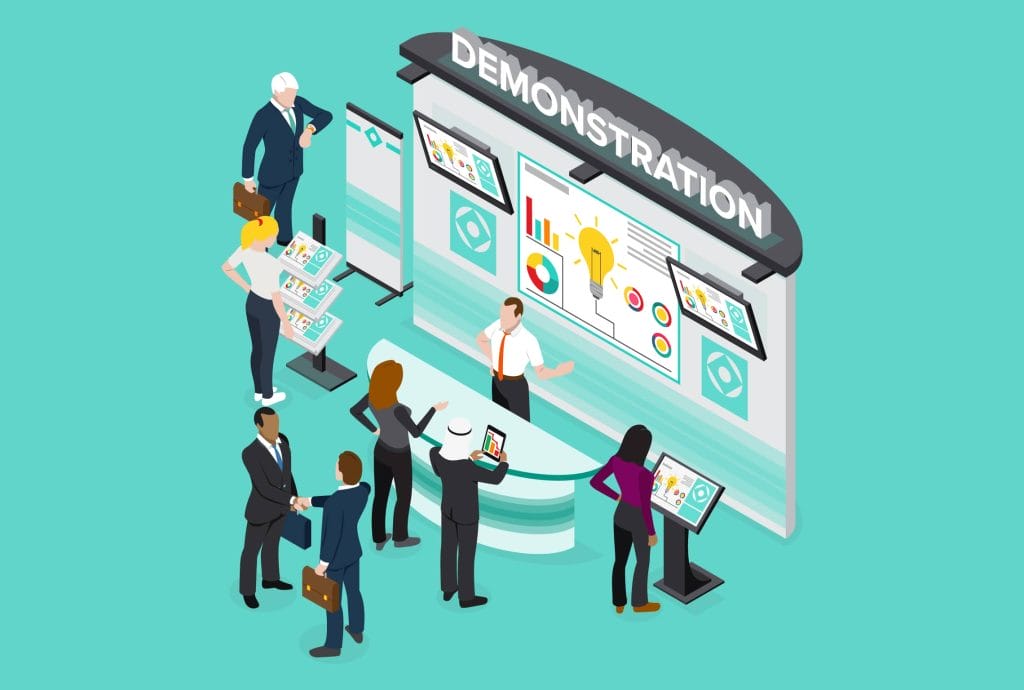an illustration of a group of people standing in front of a sign that says demonstration
