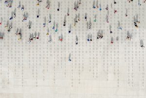 a large group of people are walking in a pattern of numbers