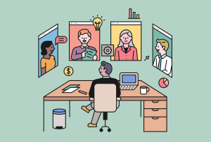 an illustration of a man sitting at a desk with a laptop